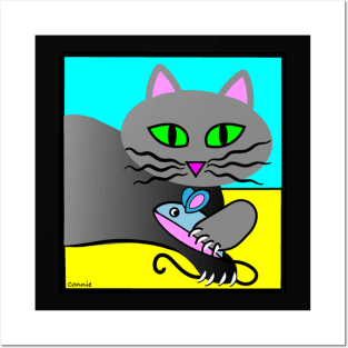 Grey Cat with Catnip Mouse Posters and Art